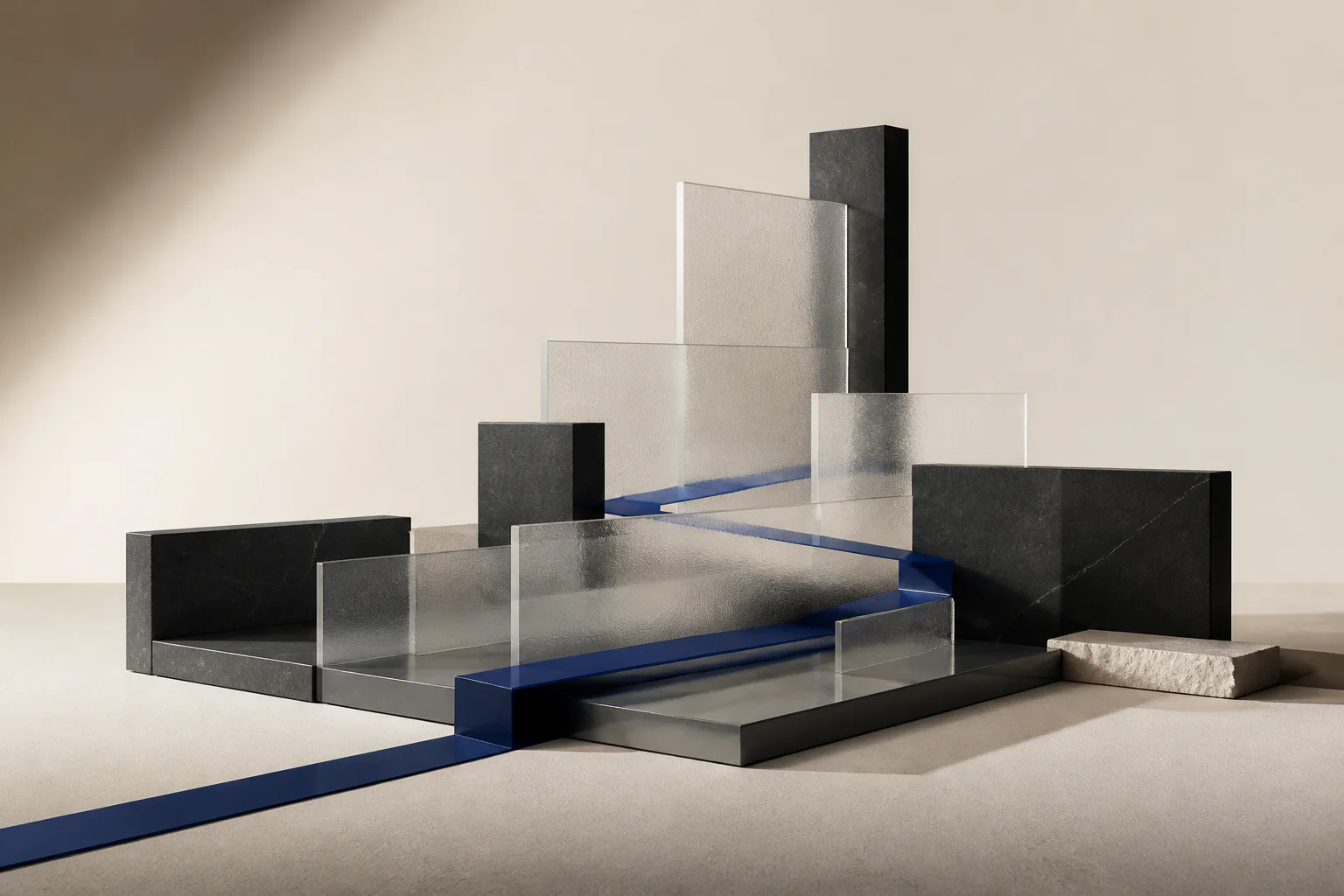 Abstract architectural layers with a cobalt path moving through controlled boundaries